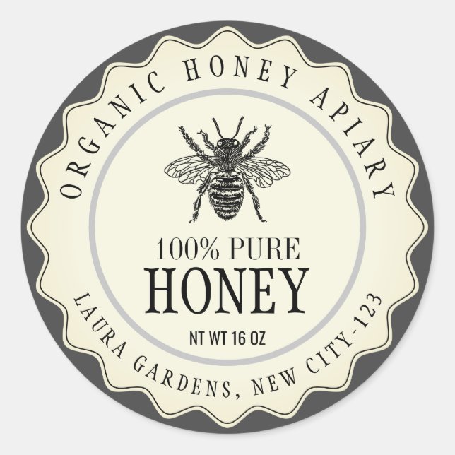 Vintag Bee Honey Jar Custom Runder Aufkleber (Vorderseite)
