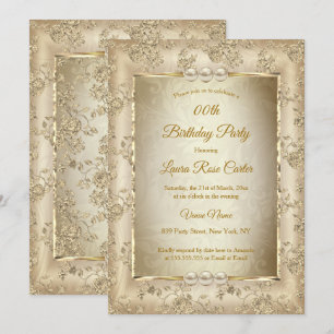 Vintag Beige Damask Rose alt Gold Geburtstagsparty Einladung