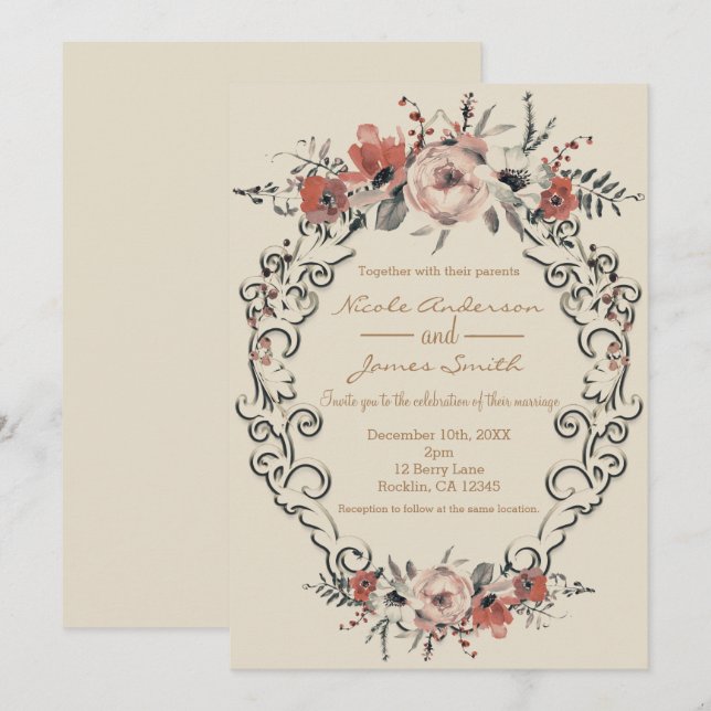 Vintag Beige Elegante Botanische Hochzeit Einladung (Vorne/Hinten)