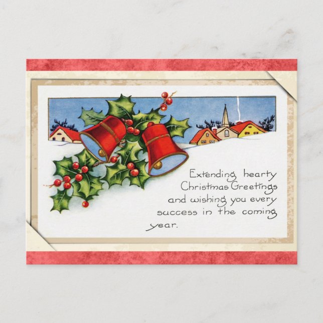 Vintag Bell Holly Snow Weihnachtsgrüße Postkarte (Vorderseite)