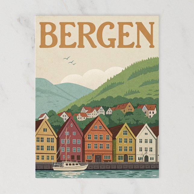 Vintag Bergen Bryggen Harbor Postkarte (Von Creator hochgeladen)