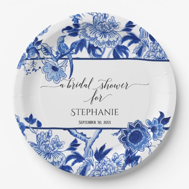 Vintag Bird Chinoiserie Navy Bl Floral Pappteller (Vorderseite)