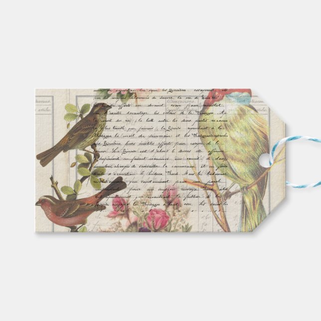 Vintag Bird Decoupage Botanic vielen Dank Geschenkanhänger (Vorderseite (Horizontal))