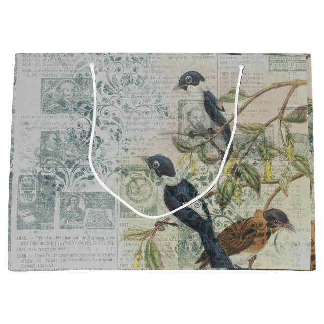 Vintag Bird Ephemera Decoupage Große Geschenktüte (Vorderseite)