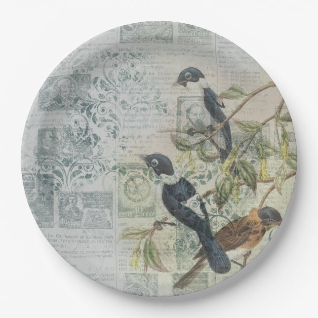 Vintag Bird Ephemera Decoupage Pappteller (Vorderseite)