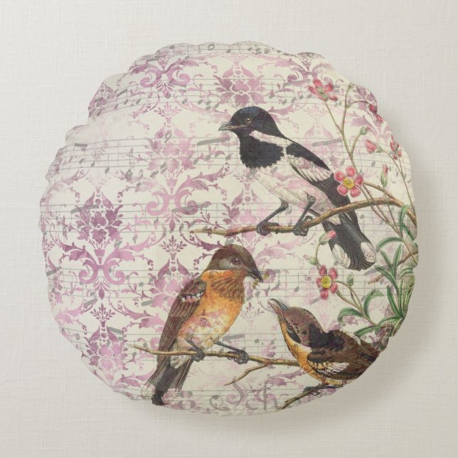 Vintag Bird Ephemera Rundkissen Rundes Kissen (Vorderseite)