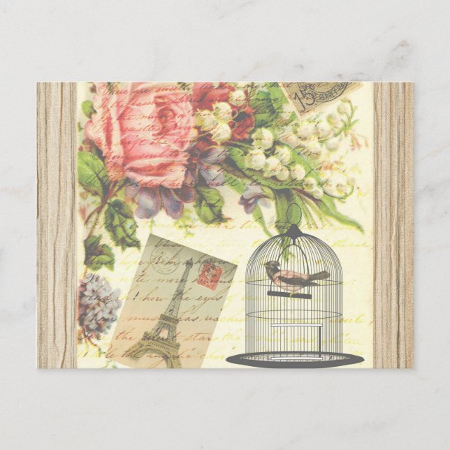 Vintag Bird Floral French Paris Eiffelturm Postkarte (Vorderseite)