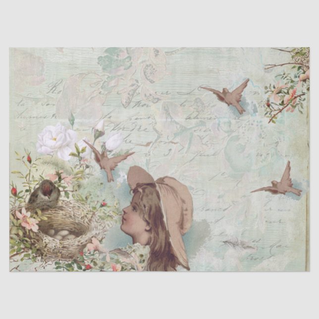 Vintag Bird Nest Girl Französisch Script Decoupage Seidenpapier (Vorderseite)