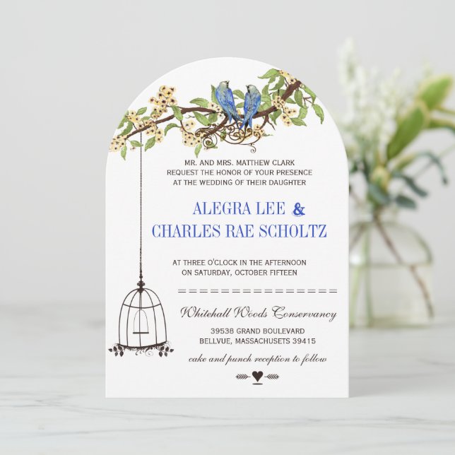 Vintag Bird Royal Blue Cherry Blossom Wedding Einladung (Stehend Vorderseite)