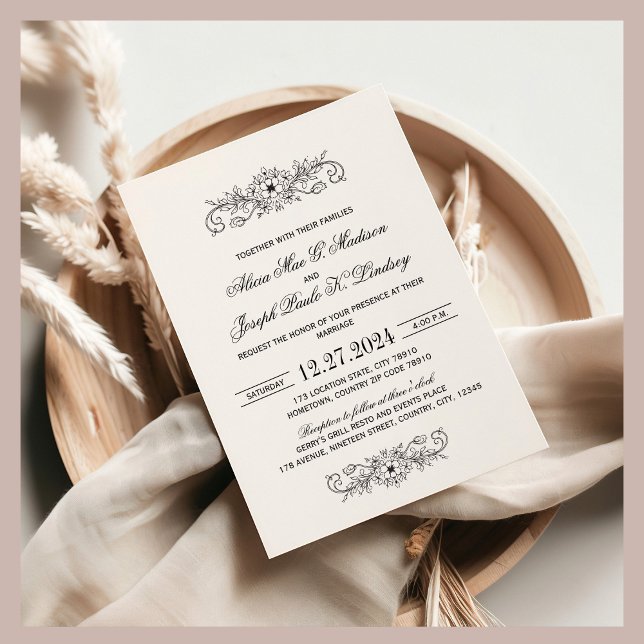 Vintag Black Blüh Elegante Hochzeit Einladung (Elegant Modern Wedding Invitation 5x7)