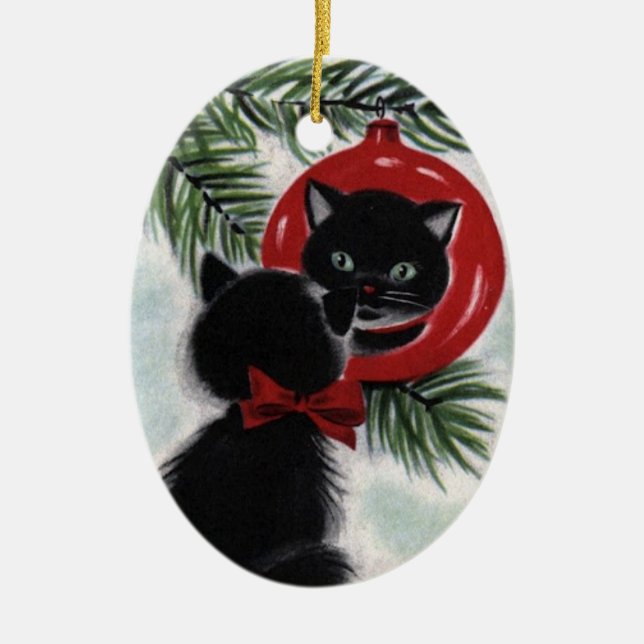Vintag Black Cat Keramik Weihnachtsschmuck (Vorne)