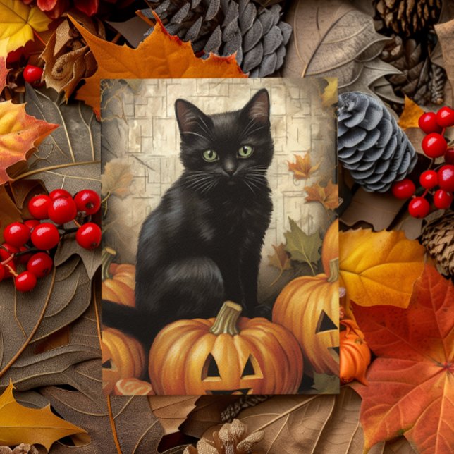 Vintag Black Cat Pumpkin Decoupage Postkarte (Von Creator hochgeladen)