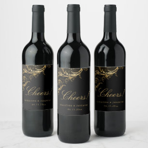 Vintag Black Gold Floral Damask Cheers Hochzeit Weinetikett