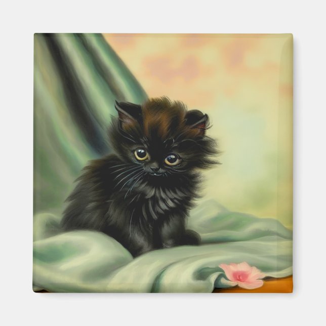 Vintag Black Kitten Illustration Magnet (Vorne)
