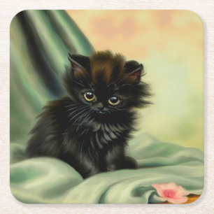 Vintag Black Kitten Illustration Rechteckiger Pappuntersetzer
