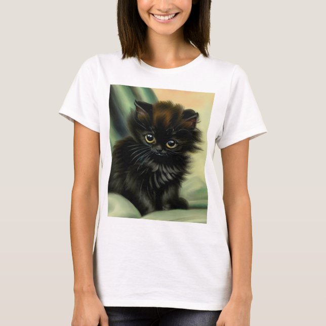 Vintag Black Kitten Illustration T-Shirt (Vorderseite)