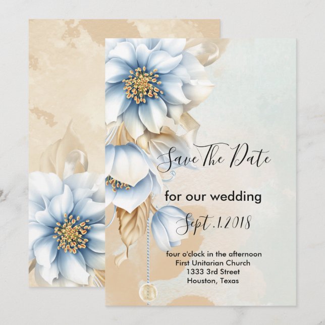 Vintag Blau-Blümchen Save the Date Einladung (Vorne/Hinten)
