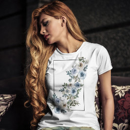 Vintag Blau und Grau Blühende Blume Aquarell T-Shirt