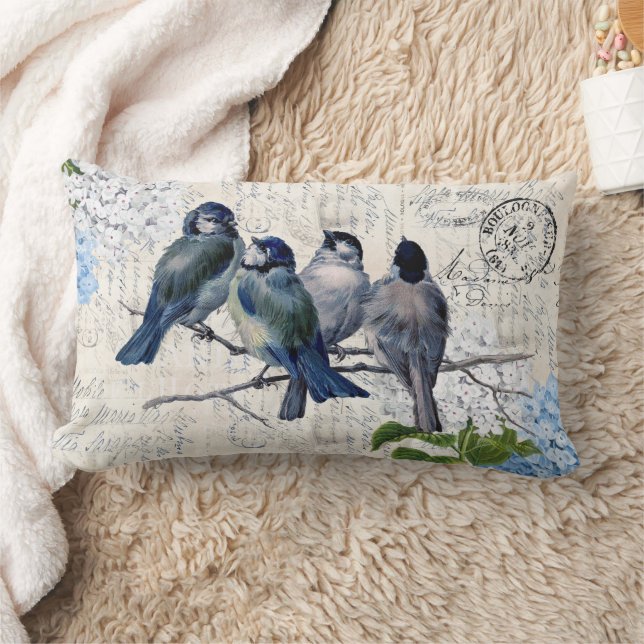 Vintag Blaue Vogelarten Blume Italienisches Lumbal Lendenkissen (Decke)