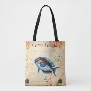 Vintag Blauer Fisch, Französisch-Blumenbilder Tasche
