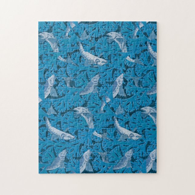 Vintag Blauer Fisch und Meeresalgen: Jugendstil (Vertikal)