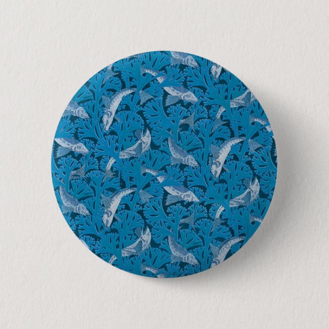 Vintag Blauer Fisch und Meeresalgen: Jugendstil Button (Vorderseite)