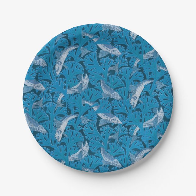 Vintag Blauer Fisch und Meeresalgen: Jugendstil Pappteller (Vorderseite)