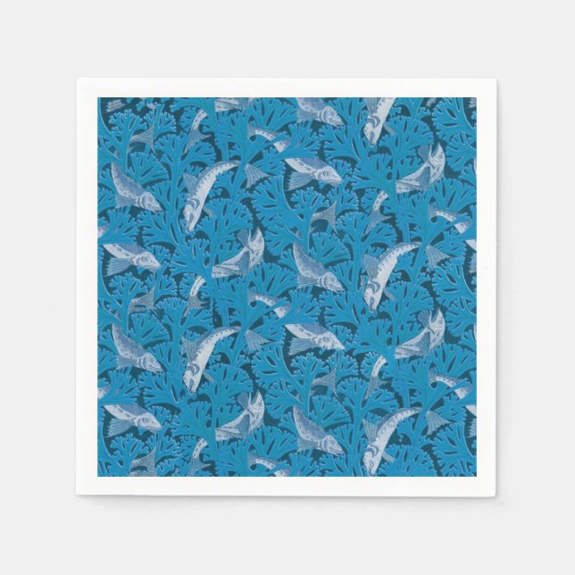 Vintag Blauer Fisch und Meeresalgen: Jugendstil Serviette (Vorderseite)
