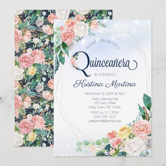 Vintag Blauer Rosa Floral Quinceanera Geburtstag Einladung (Vorne/Hinten)