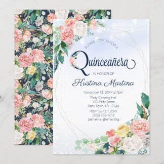 Vintag Blauer Rosa Floral Quinceanera Geburtstag Einladung