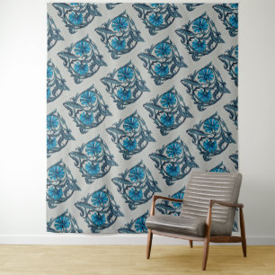 Vintag-blaues antikes Grafikdesign der Blume Wandteppich