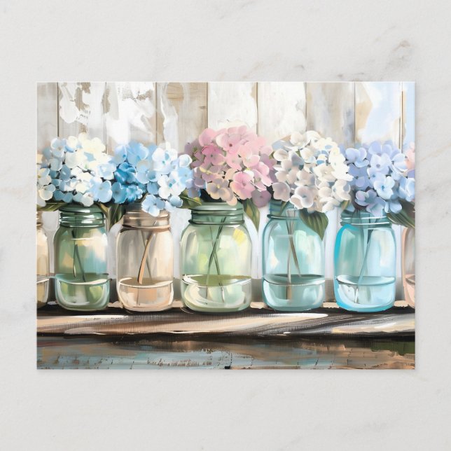Vintag Blossom Hydrangea Mason Jars Feiertagspostkarte (Vorderseite)