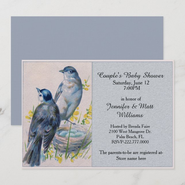 Vintag Blue Birds Baby Dusche Einladung (Vorne/Hinten)