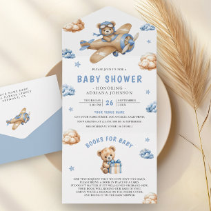 Vintag Blue Brown Airplane Teddy Bear Baby Dusche All In One Einladung