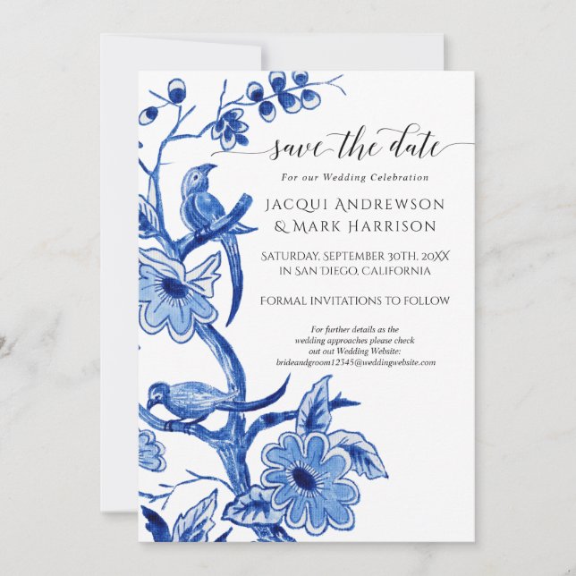 Vintag Blue Chinoiserie Floral Save the Date (Vorderseite)