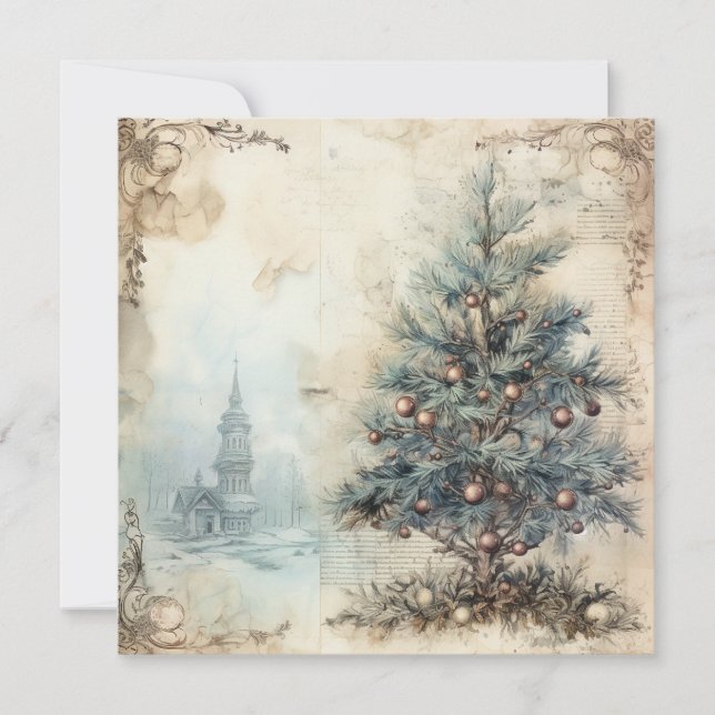 Vintag Blue Christmas Tree Card Feiertagskarte (Vorderseite)