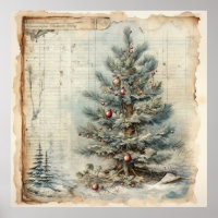Vintag Blue Christmas Tree Poster