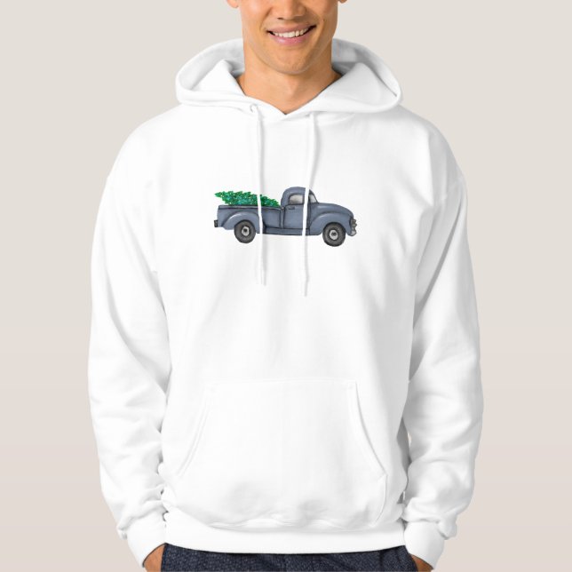 Vintag Blue Christmas Tree Truck Hoodie (Vorderseite)