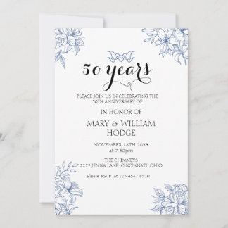 Vintag Blue Floral 50 Jahre Hochzeit Einladung