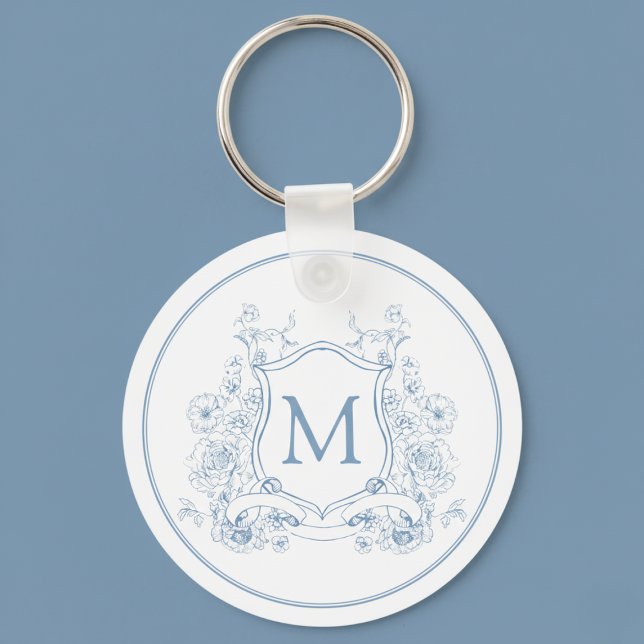Vintag Blue Floral Monogram Schlüsselanhänger (elegant coquette blue french toile monogram crest initial keychain)