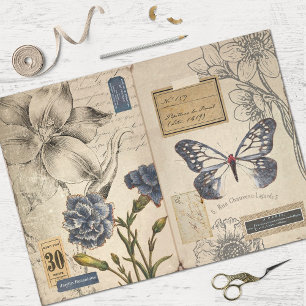 Vintag Blue Floral und Ephemera Decoupage Seidenpapier