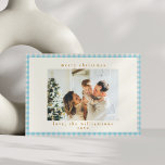 Vintag Blue Gingham Kariert Custom Foto Christmas Feiertagskarte<br><div class="desc">Vintag Light Blue Gingham Kariert Custom Foto Weihnachtskarte</div>