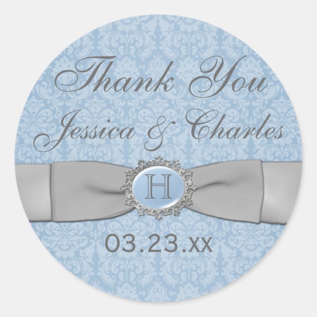 Vintag Blue, Gray Damask Wedding Favor Sticker (Vorderseite)