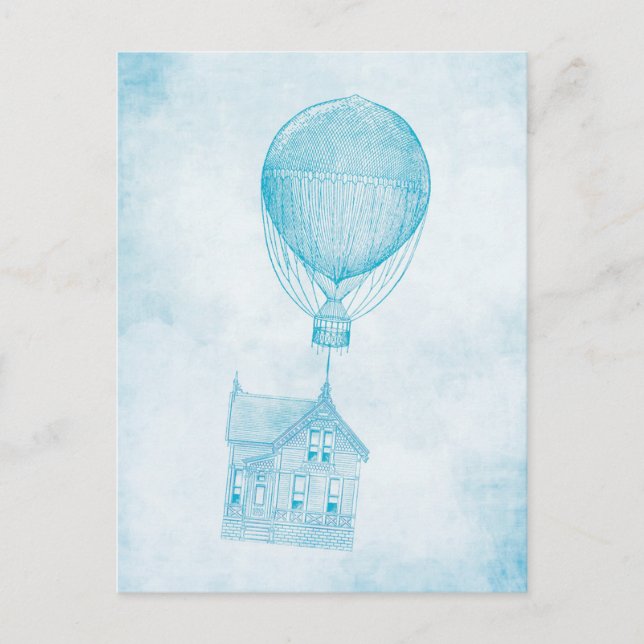 Vintag Blue Hot Air Ballon Bewegende Hütte Postkarte (Vorderseite)
