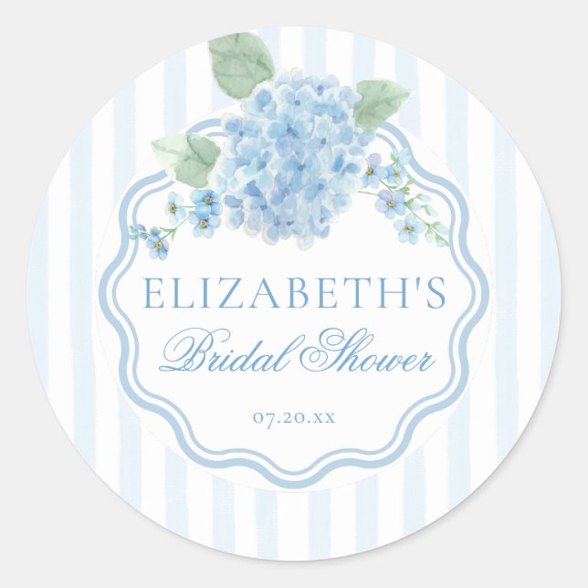 Vintag Blue Hydrangea Blume Stripe Brautparty Runder Aufkleber (Vorderseite)