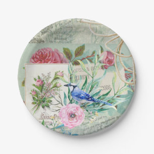 Vintag Blue Jay Bird Rosa Rose Floral Collage Pappteller