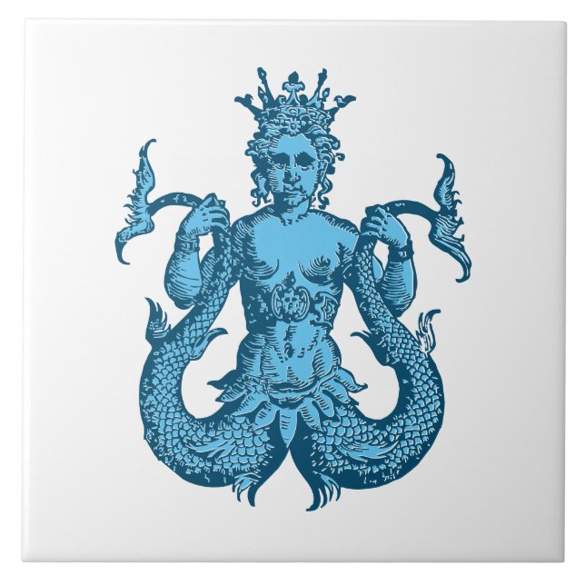 Vintag Blue Nautical Mermaid Fliese (Vorderseite)