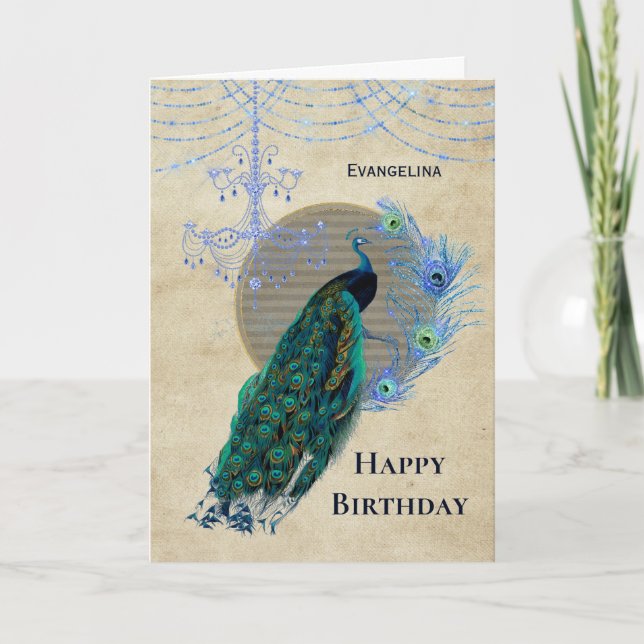 Vintag Blue Peacock Feathers Chandelier Birthday Karte (Vorderseite)