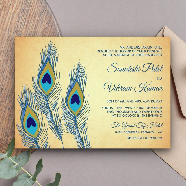 Vintag Blue Peacock Feathers Indian Wedding Einladung (Von Creator hochgeladen)