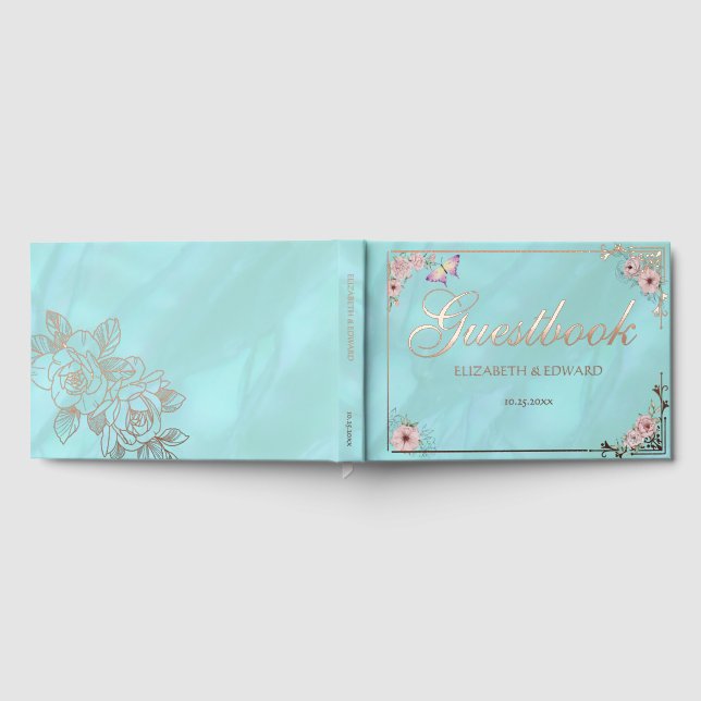 Vintag Blue Peony Wedding Foil Guestbook Gästebuch (Voll)